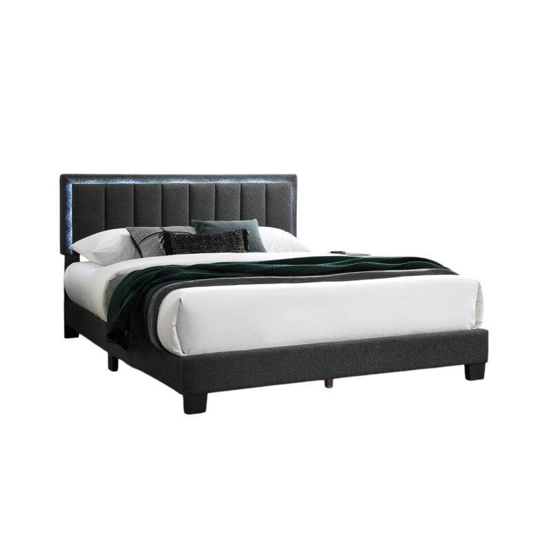Zemo Queen Size Bed, LED Headboard, Charcoal Gray Wool Upholstery  - Benzara
