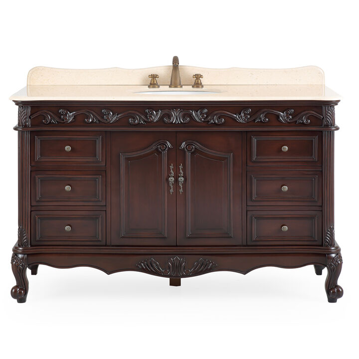 56 Inch Traditional Style Brown Beckham Bathroom Sink Vanity With CreamTop