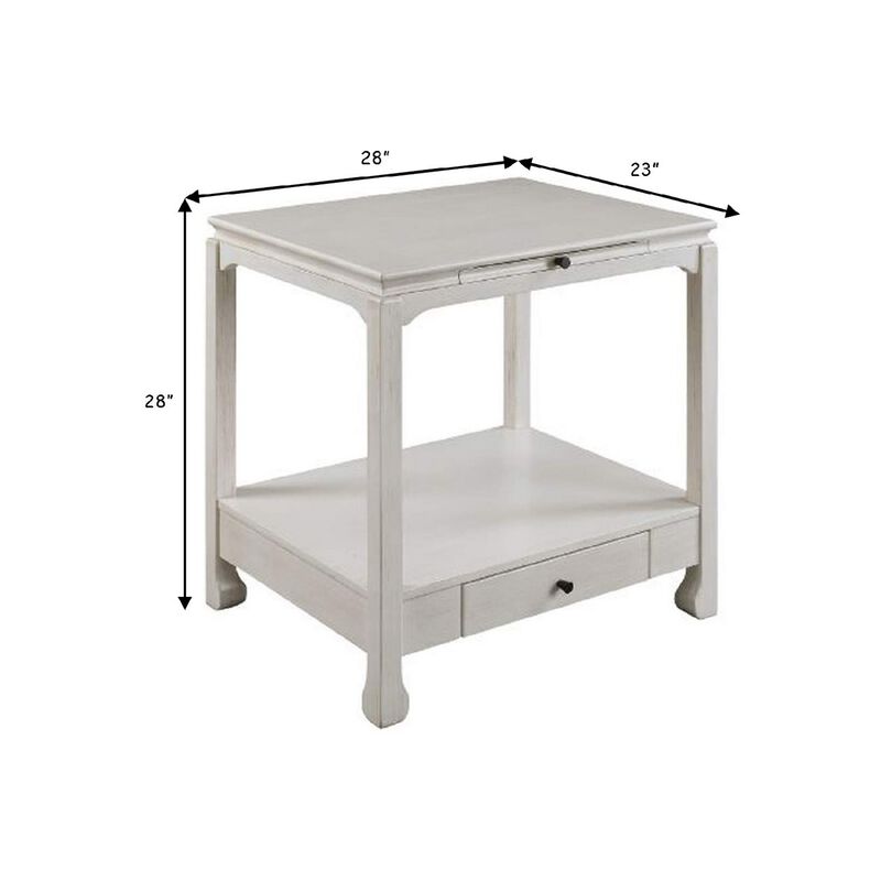 Accent Table with Pull Out Tray and 1 Drawer, Antique White-Benzara