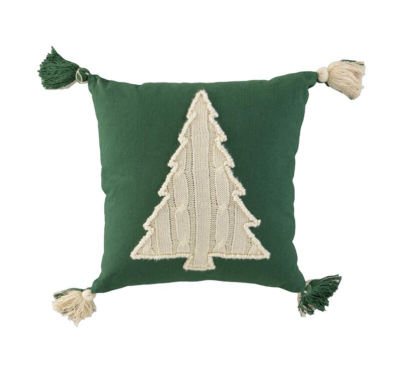 HomeRoots 18" Green And Ivory Cotton Christmas Tree Throw Pillow with Tassels image number 0