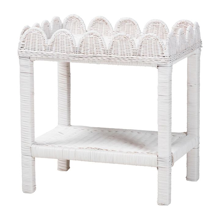 bali & pari Sumana Natural Rattan Side Table - Handwoven Wicker 2-Tier Accent End Table with Scalloped Tray Top for Living Room, White