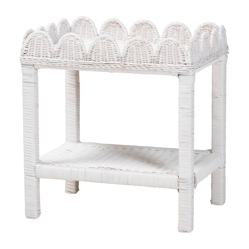 bali & pari Sumana Natural Rattan Side Table - Handwoven Wicker 2-Tier Accent End Table with Scalloped Tray Top for Living Room, White image number 0