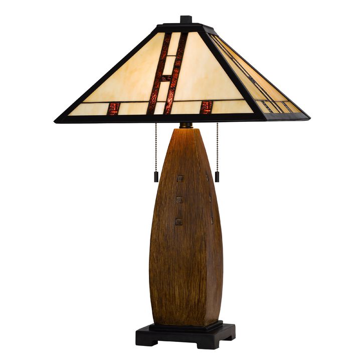 Table Lamp with Pull Chain, Tiffany Stained Glass Shade, 26 Inch Brown
