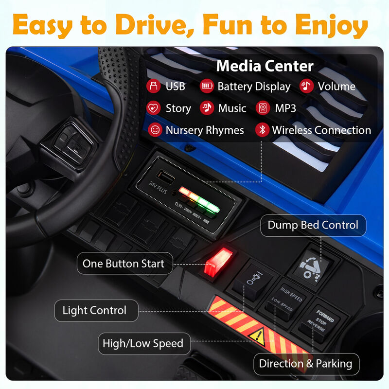 2 Seater 24V Ride On Dump Truck 4WD with Electric Dump Bed and Lights for Kids image number 7