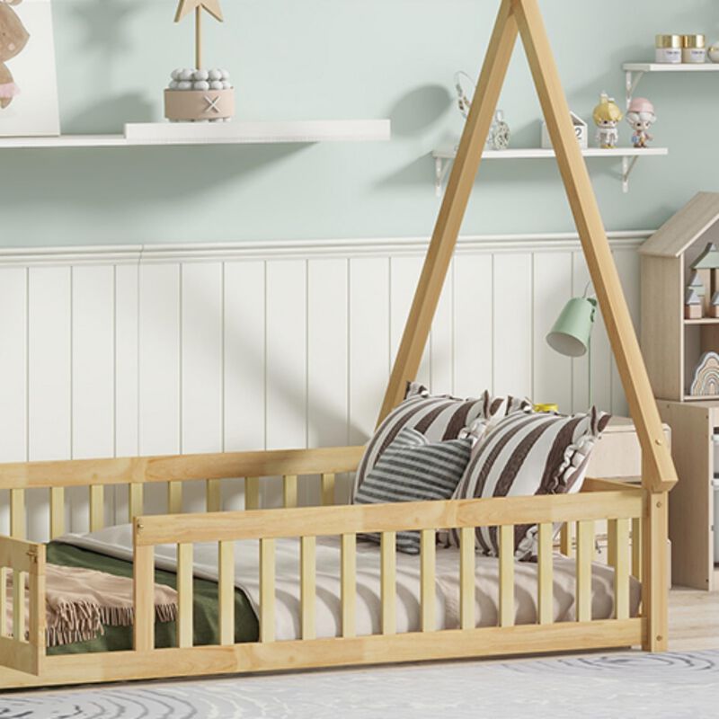 Whisen Wooden Teepee Tent Bed with Guardrails and Slats, Full Floor Bed with Door for Kids image number 6