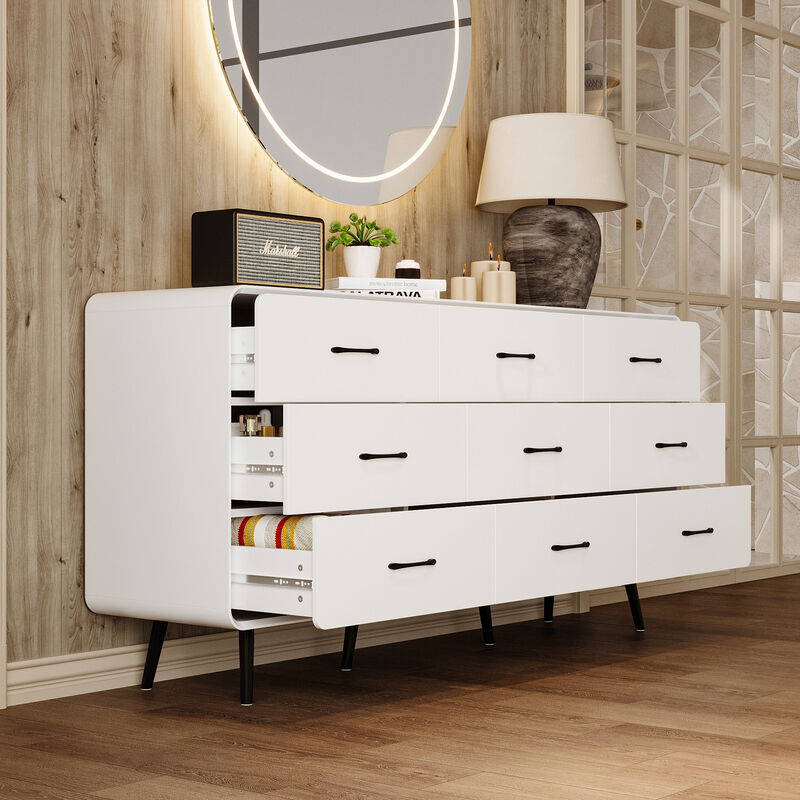 FUFU&GAGA Modern 9-Drawer Dresser, White Storage Dresser with Black Handles & Legs, Wooden Chest of Drawers, (63" W x 30.7" H x 15.7" D),White