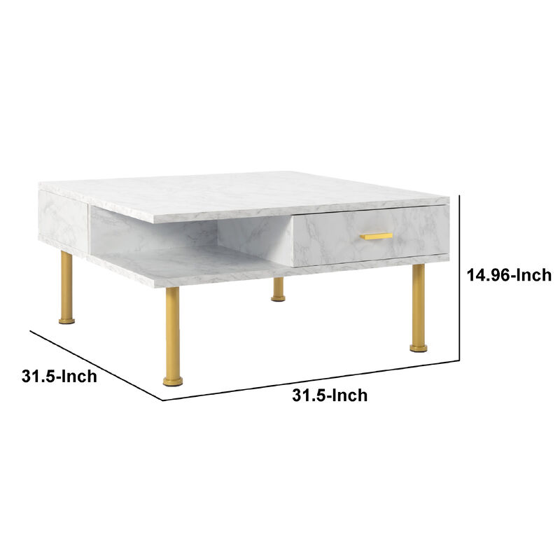 Victor 32 Inch Faux Marble Square Coffee Table, Drawers, Modern White, Gold-Benzara