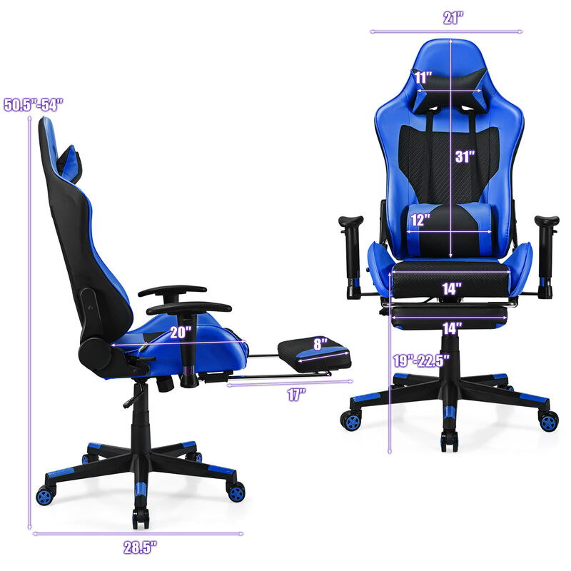 Costway Massage Gaming Chair Reclining Racing Office Computer Chair with Footrest Blue