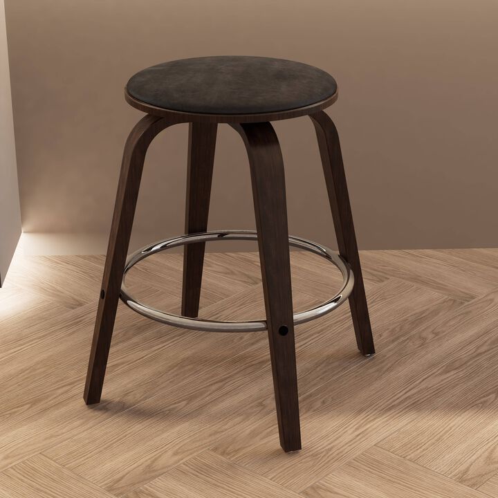 LeisureMod Counter Stool Upholstered in Leather with Stained Poplar Wood Frame & Chrome Iron Footrest with 360-Degree Swivel for Modern Home, Kitchen, Bars, Cafes Pelya Collection