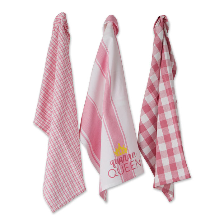 Set of 3 Pink and White Quaranqueen Time Dish Towel  28"