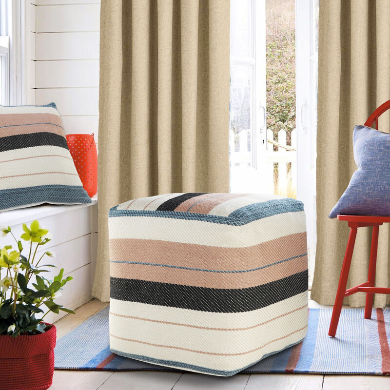 Indoor Outdoor Polyester Striped Pouf Ottoman for Seating and Home Decor