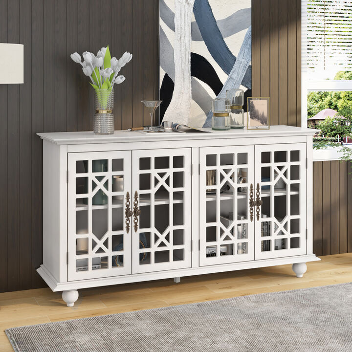 Sideboard with Adjustable Height Shelves, Metal Handles, and 4 Doors for Living Room, Bedroom, and Hallway (White)