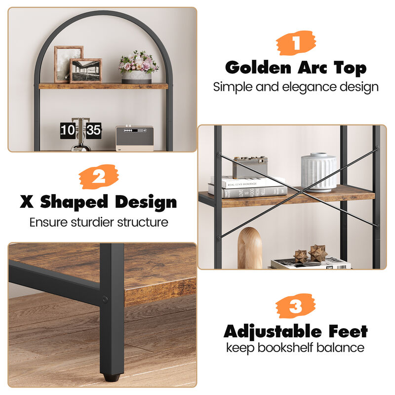 Modern Industrial Arched 5-Tier Open Bookshelf, Curved Metal Frame Freestanding Storage Display Shelf for Living Room, Bedroom & Home Office image number 2