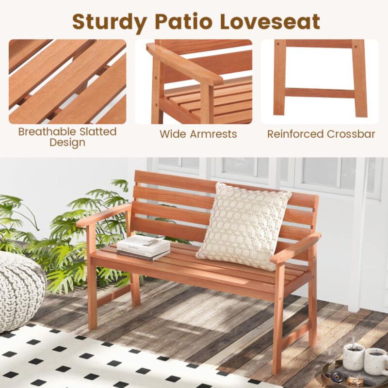 Hivvago Patio Hardwood Bench Wood 2-Seat Chair with Breathable Slatted Seat & Inclined Backrest