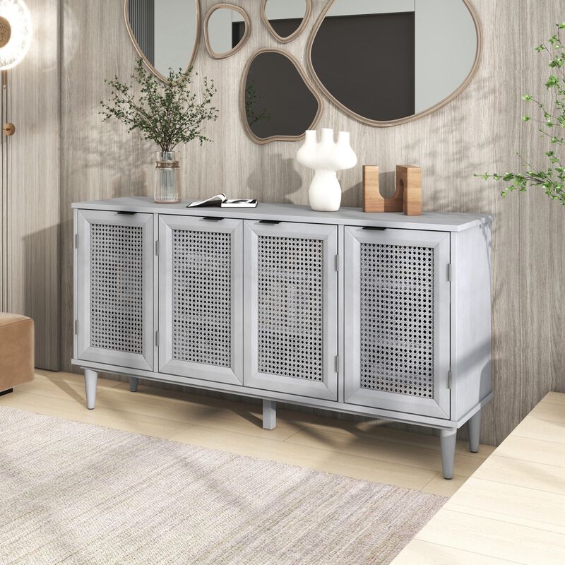 Large Storage Space Sideboard with Artificial Rattan Door and Unobtrusive Doorknob for Living Room and Entryway (Gray)