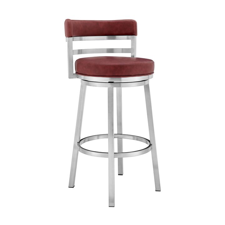 30 Inch Leatherette Counter Height Barstool, Silver and Red-Benzara