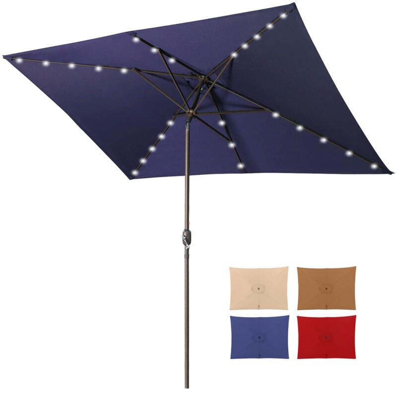 Adjustable Tilt Led Lights Blue Rectangular Patio Large Umbrella For Beach Outside Outdoor