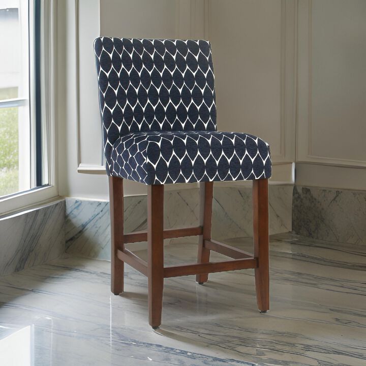 Wooden 24 Inch Counter Height Stool with Geometric Pattern Fabric Upholstery, Blue and White