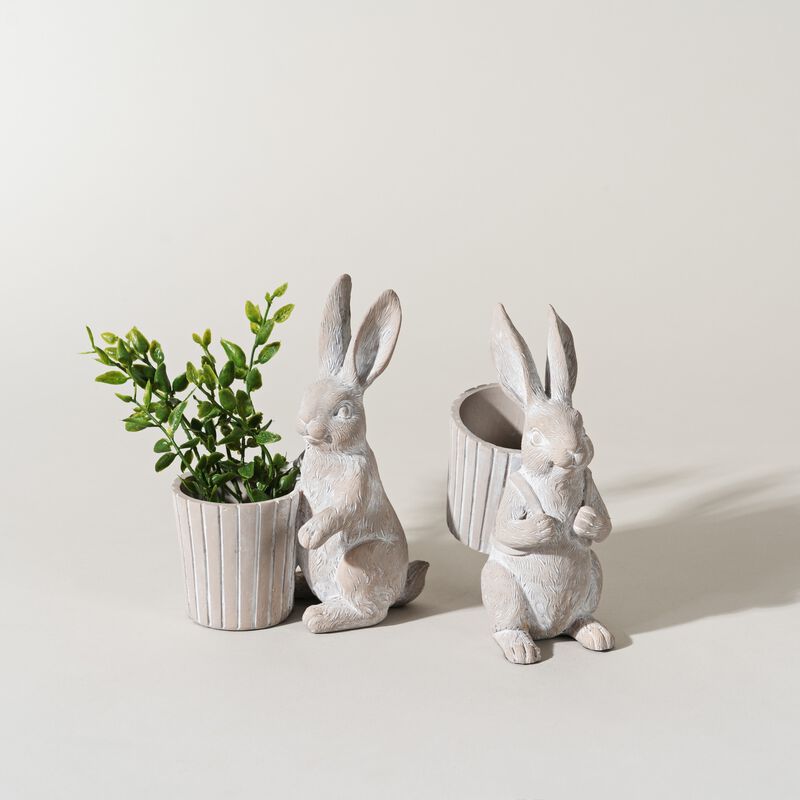 Set of 2 Bunny Easter Pot Figurines 6"