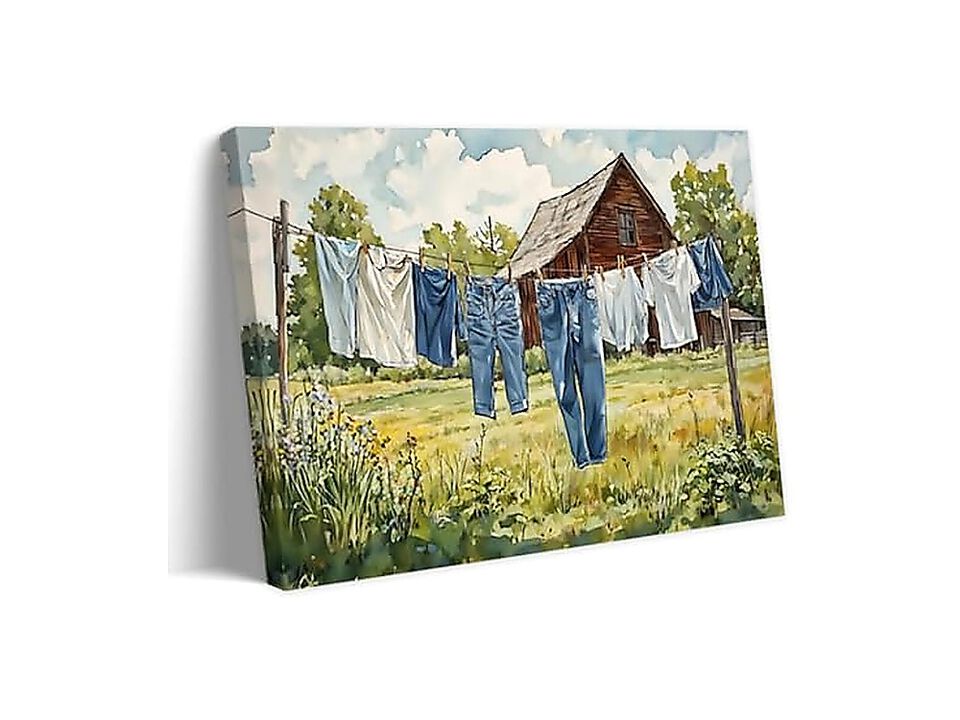 Vintage Laundry Canvas Wall Art Retro Clothesline Decor Rustic Farmhouse Framed