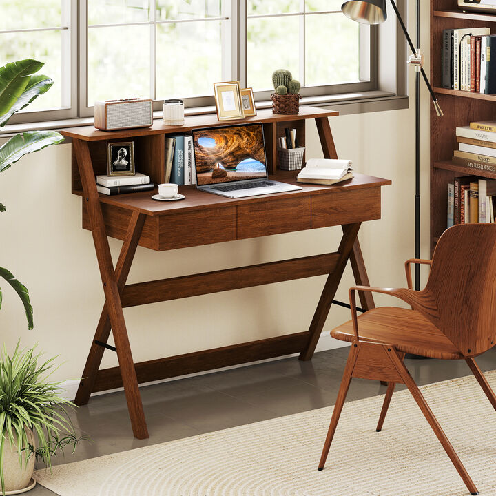 Mid-Century Desk with Monitor Stand and 3 Drawers for Home Office Organization