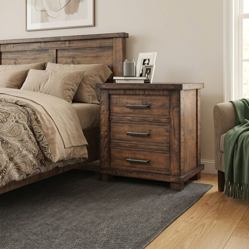 Whisen 24" Rustic Nightstand, 3 Drawers Reclaimed Solid Wood Pine Farmhouse End Table for Bedroom image number 1