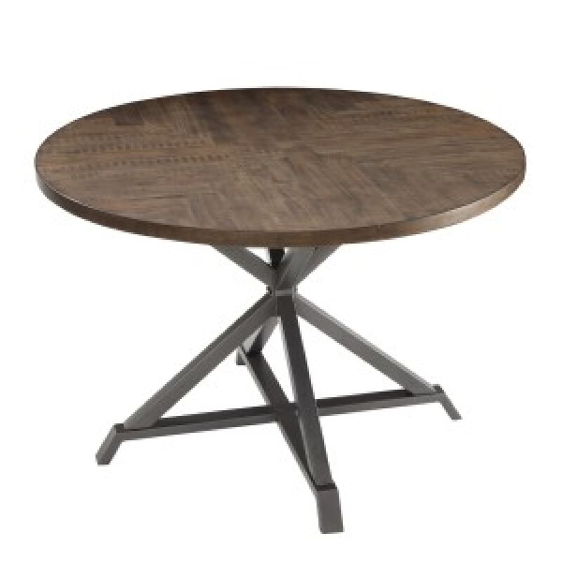 Fena Dining Table, Round 45 Inch Brown Wood Top, Gray Metal Star Base