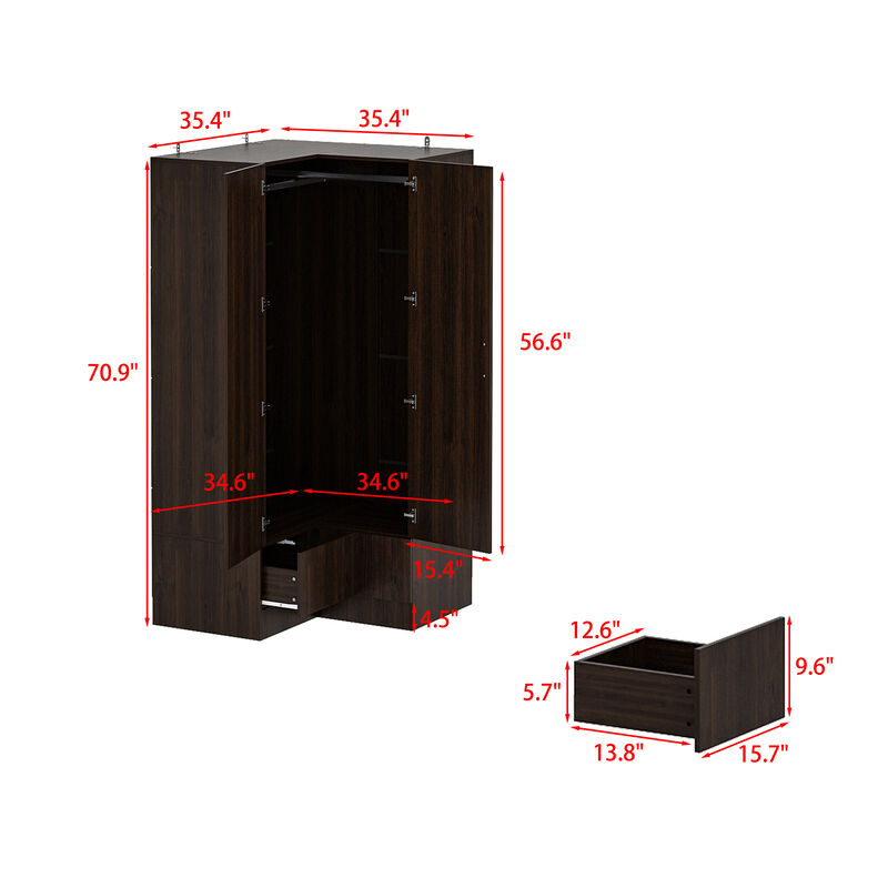 FUFU&GAGA Corner Wardrobe Closet with Adjustable Shelves and Drawers,(35.4" W x 35.4" D x 70.9" H), Dark Brown