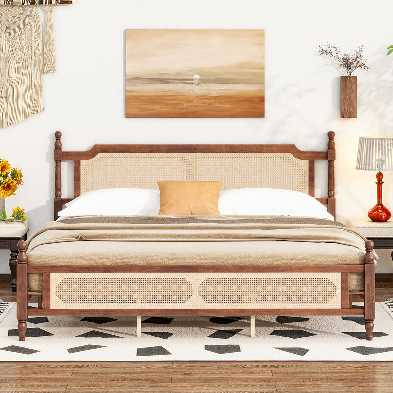 Whisen King Pine Wooden Bed with Rattan Headboard and Footboard, with Central Enhanced Bed Platform image number 3