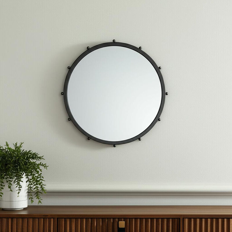 HomeRoots 25" Black Metal Beaded Round Framed Accent Mirror image number 1