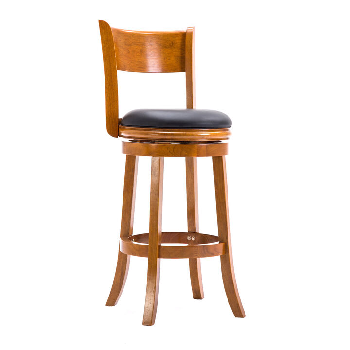 Sabi 29 inch Swivel Counter Stool, Solid Wood, Faux Leather, Brown, Black - Benzara