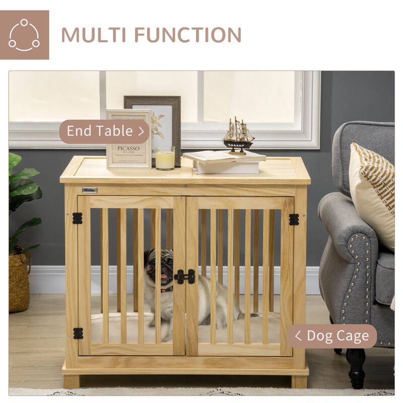 Wooden Dog Crate Furniture with Soft Cushion, Dog Crate End Table with Double Doors, Indoor Pet Crate for Small Medium Dogs