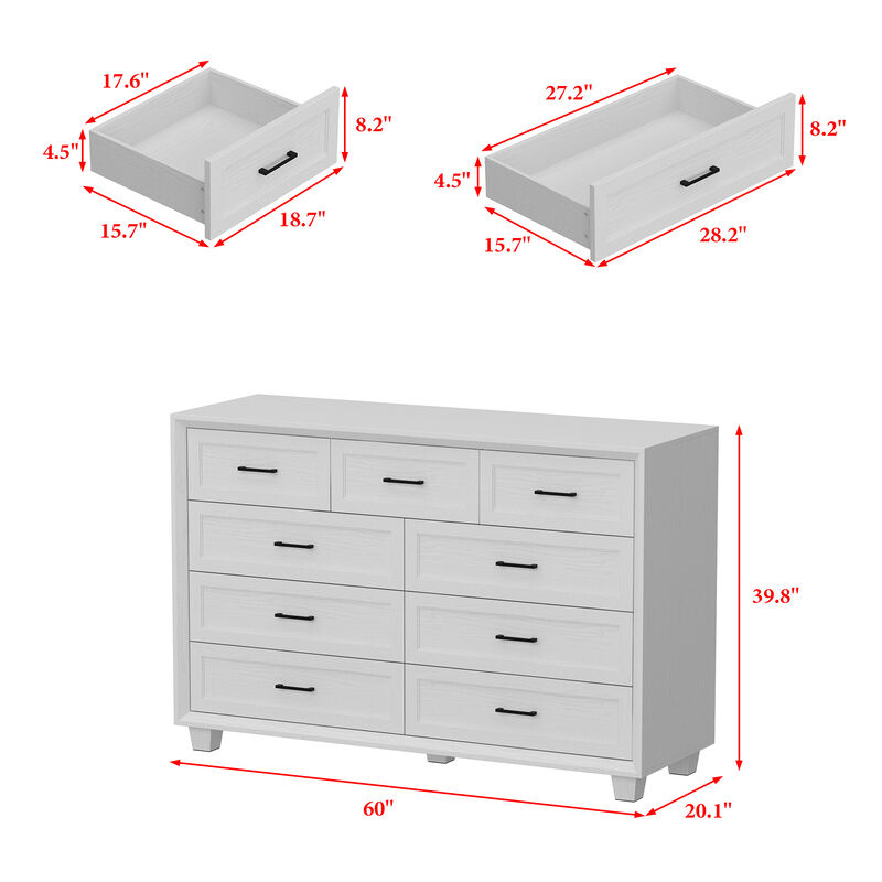 FUFU&GAGA White Wood Grain Storage Cabinet with Beveled Edge & Thickened Design, 9-Drawer Organizer, for Living Room , 60 in. W x 20.1 in. D x 39.8 in. H