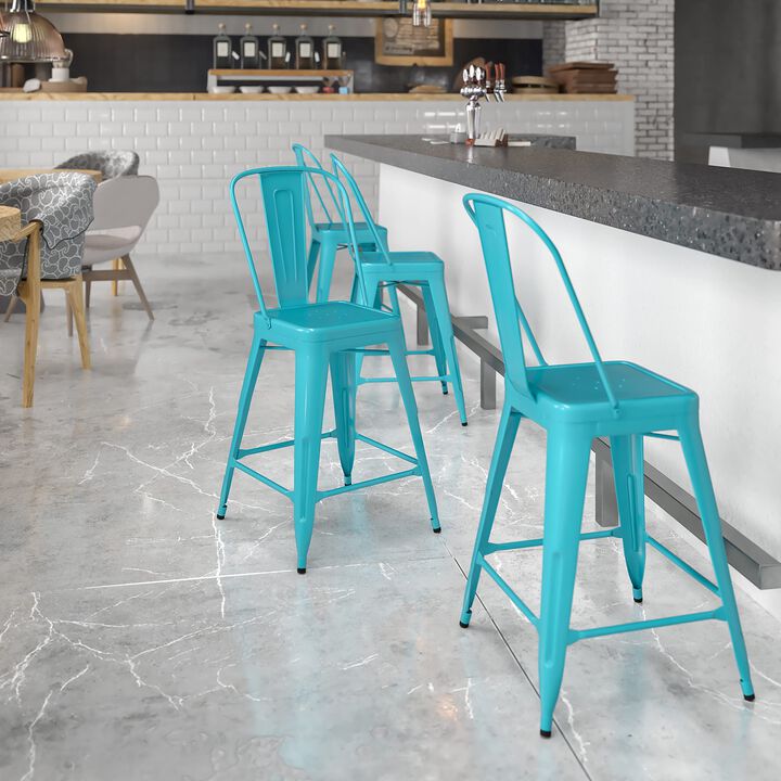Flash Furniture Carly Commercial Grade 24" High Crystal Teal-Blue Metal Indoor-Outdoor Counter Height Stool with Back