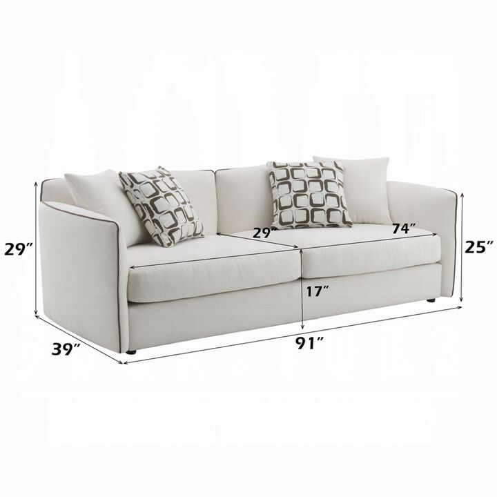Yoda Sofa with 4 Throw Pillows, Foam Beige Chenille, Brown Trim 91 Inch