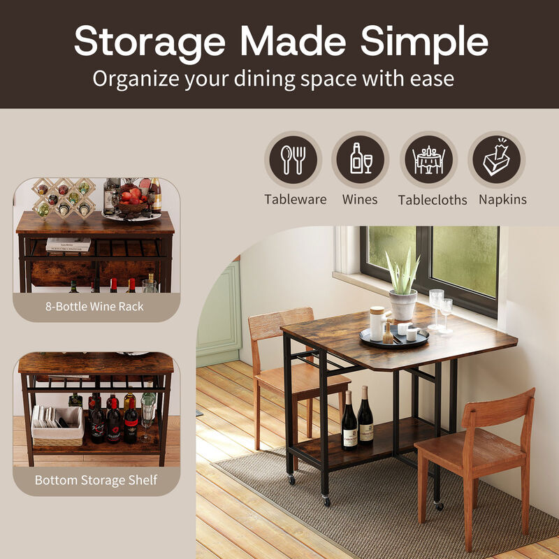 Expandable Folding Dining Table with Laptop Tray, Wine Rack, and Casters-Rustic Brown image number 7