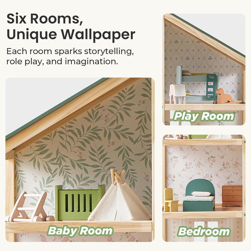 Wooden Dollhouse - 6 Rooms Wooden Doll House, DIY Pretend Doll House with 31Pcs Furniture Accessories, Creative Gift for Girl image number 4