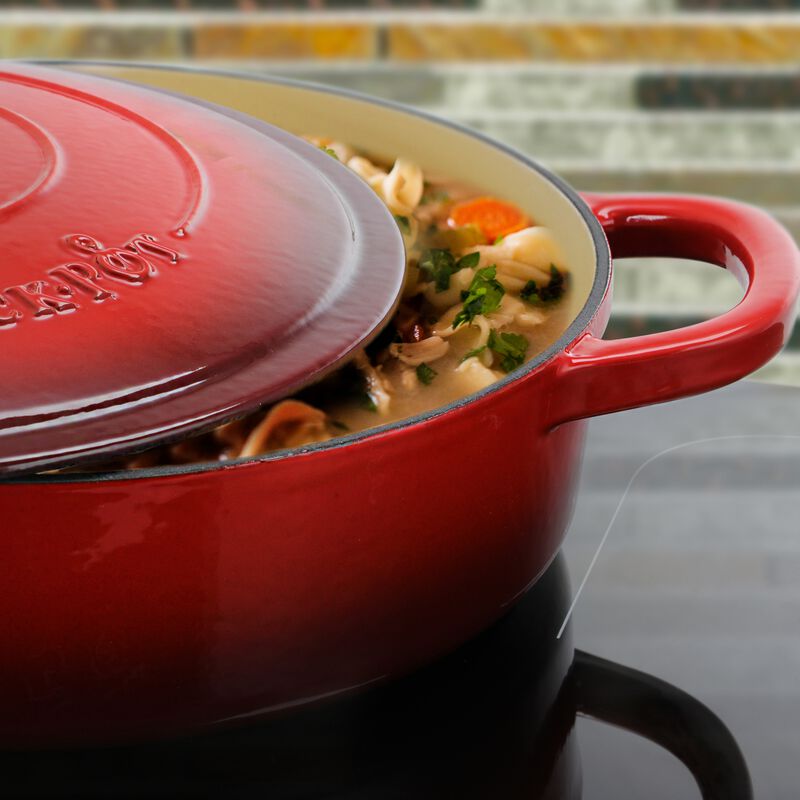 Crock Pot Artisan Enameled Cast Iron 5 Quart Round Braiser Pan with Self Basting Lid in Scarlet Red
