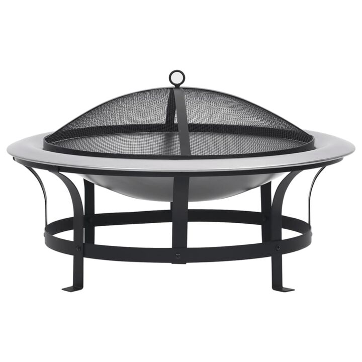 vidaXL Outdoor Fire Pit with Grill 29.9 Inch - Rust Resistant, Weatherproof Steel Construction, Safety Mesh, Wood-Handled Poker, Ideal for Deck, Patio, Backyard Use