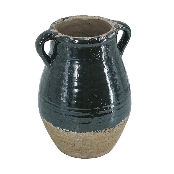 HomeRoots 13" Forest Green And Sand Color Block Terracotta Round Jug Vase