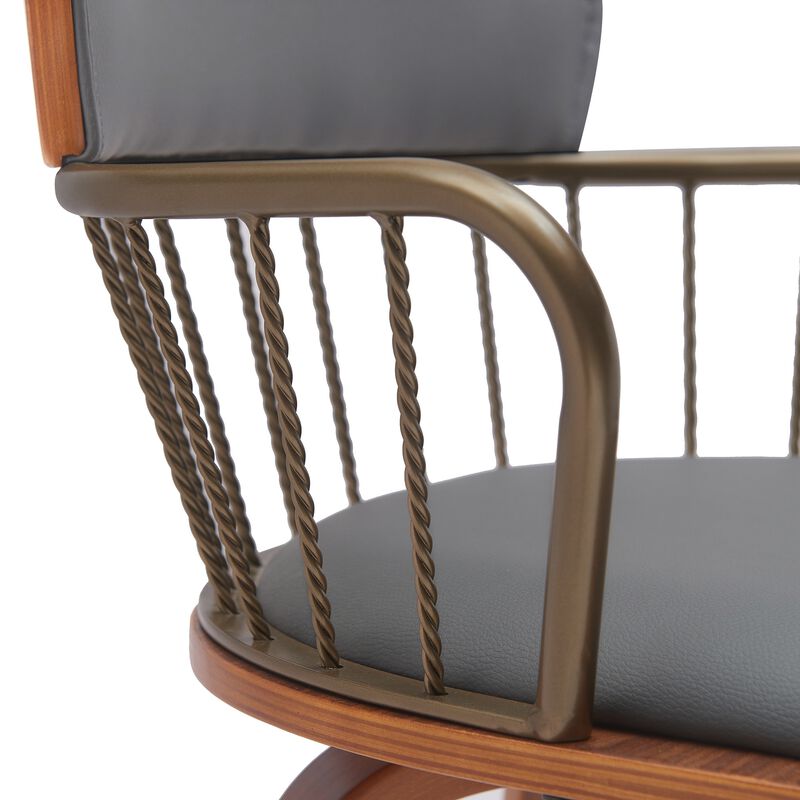 30" Swivel Walnut Wood Bar Stool in Gray Faux Leather with Golden Bronze Metal image number 4