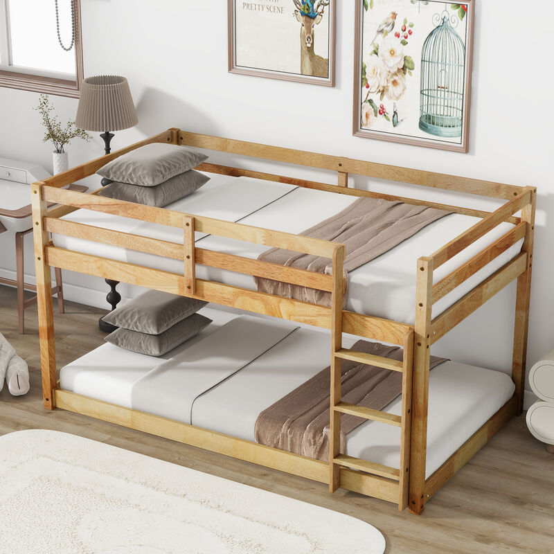 Whisen Twin over Twin Solid Rubber Wood Low-Profile Bunk Bed with Integrated Ladder and Reinforced Slat Platform image number 1