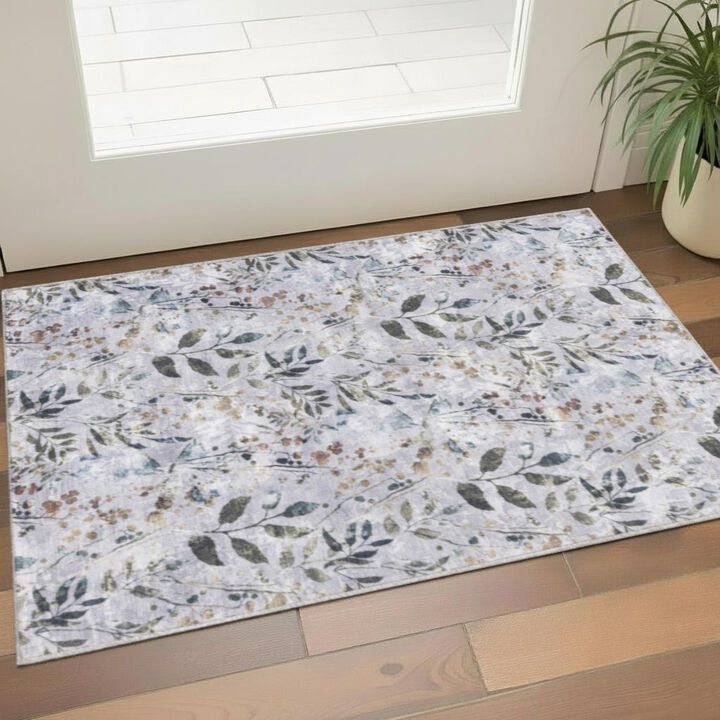 HomeRoots Floral Power Loom Washable Non Skid Area Rug