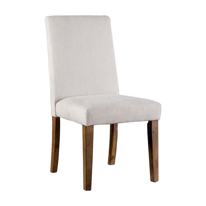 Jule Side Chairs Set of 2, Brown Solid Wood, Soft White Fabric Upholstery - Benzara