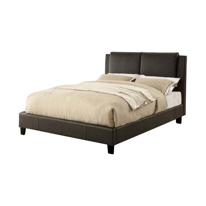 Elegant Wooden Queen Bed With Brown PU Head Board, Brown - Benzara