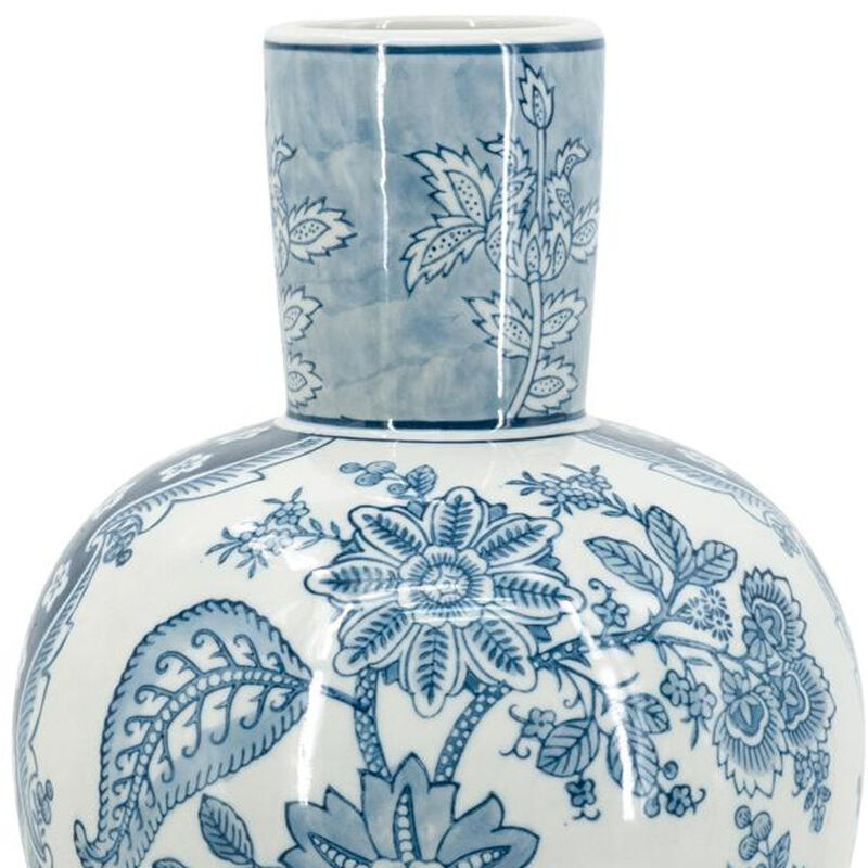 HomeRoots 17" Light Blue And White Floral Round Porcelain Table Vase image number 5
