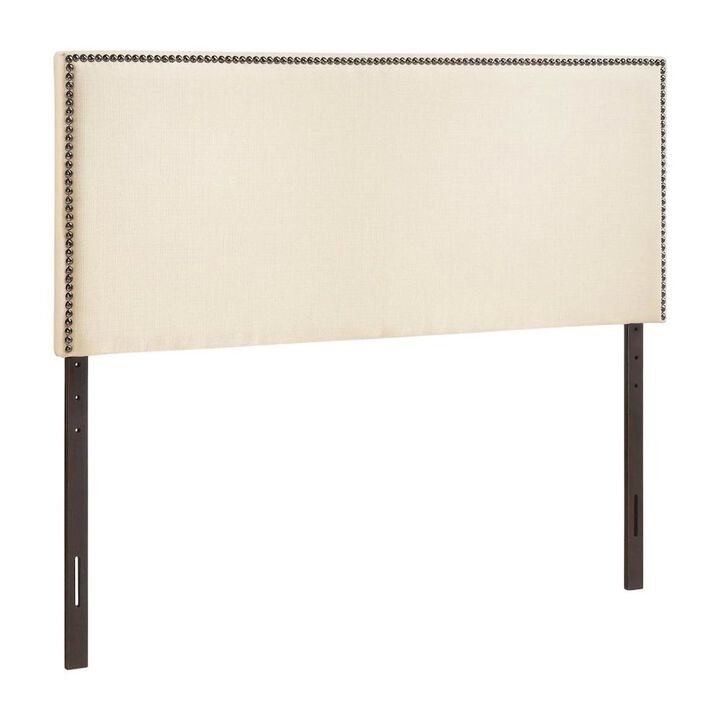 Upholstered Full Headboard, Nailhead Trim in Neutral Fabric for Stylish Bedroom