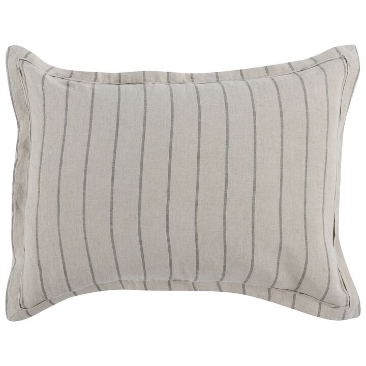 Tara 26 Inch Linen Standard Pillow Sham, Stone Washed, Stripe Design-Benzara