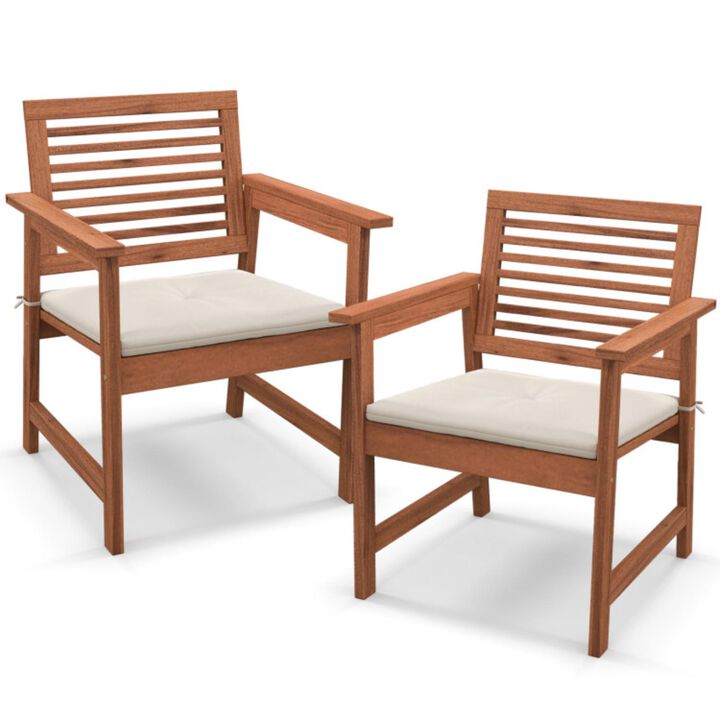Hivvago Set of 2 Patio Solid Wood Dining Chairs with Cushions and Slatted Seat