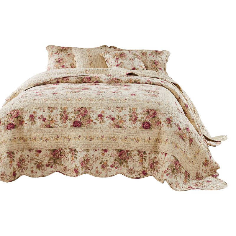 Rosle 3 Piece Queen Bedspread Set, Floral Print, Scalloped, Cream, Pink - Benzara